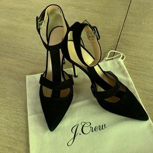 JCrew T strap black suede stilettos